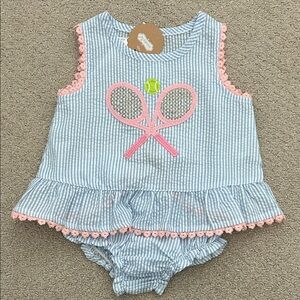 NWT Mudpie Blue Seersucker tennis appliqué flyaway bloomer set